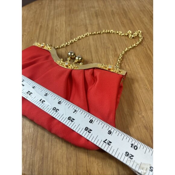 Jessica McClintock Red Satin Clutch Purse Gold Chain Snap closure with bling - Picture 7 of 9